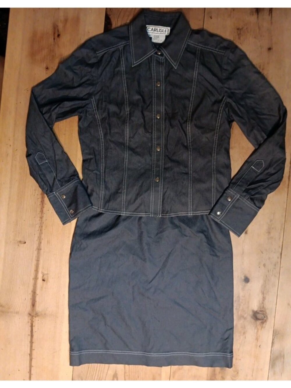 Vtg Carlisle Womens 6 Outfit Skirt Set Snap Up Shirt Gray Stretch Western Knee